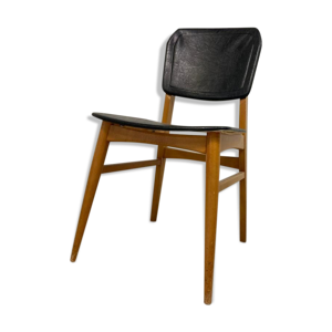 chaise vintage : bois - cuir noir