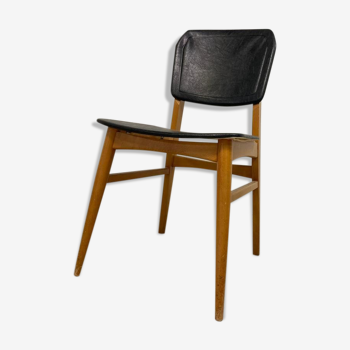 Vintage chair : wood and black skai leather