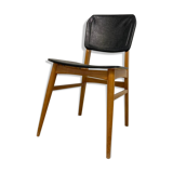 Chaise vintage : bois et cuir skai noir
