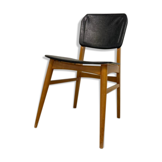 Vintage chair : wood and black skai leather