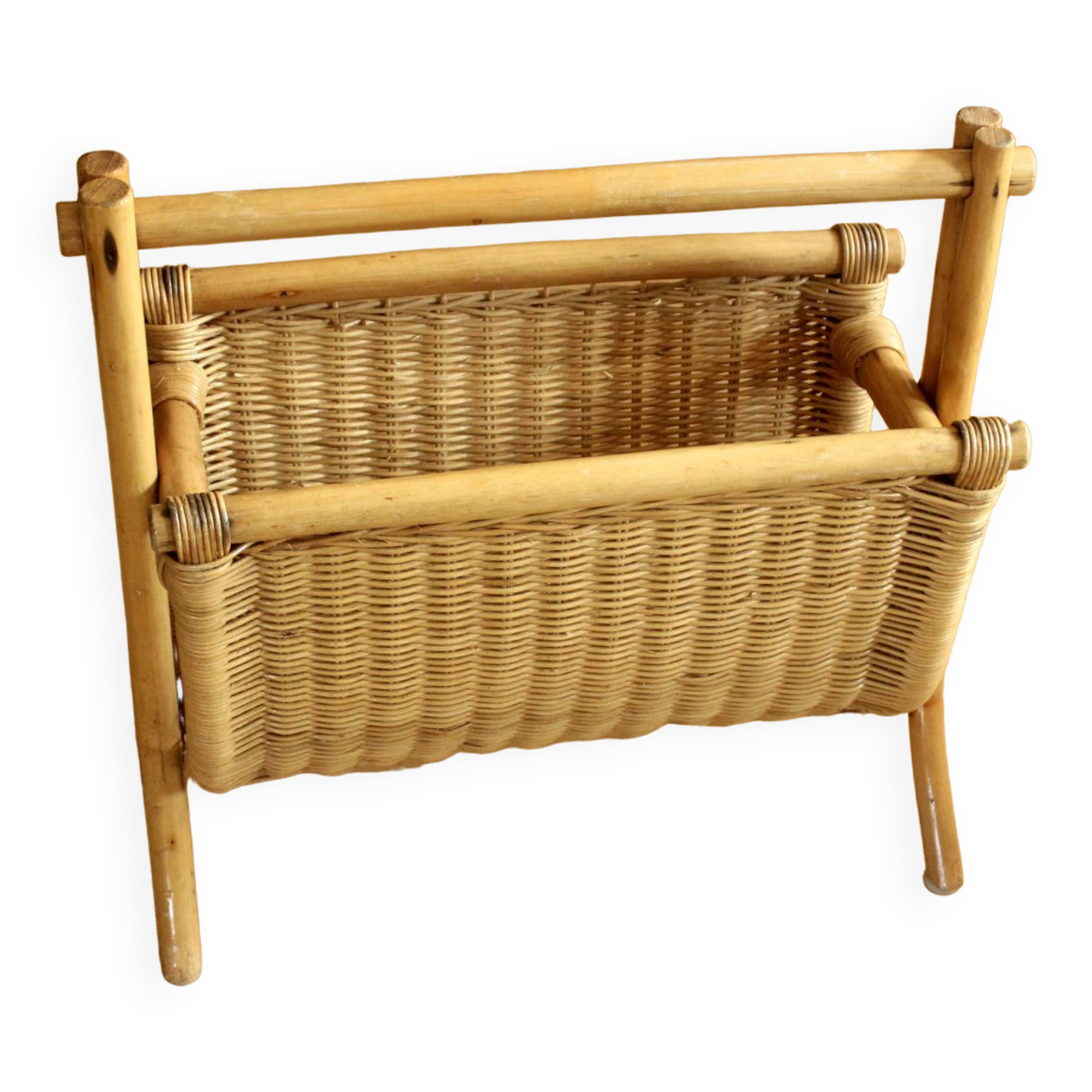 Magazine rack made of bamboo, rattan and wood, vintage from the 70s