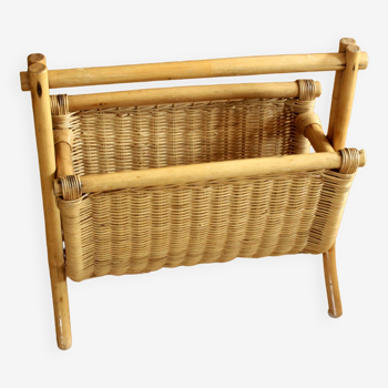 Magazine rack made of bamboo, rattan and wood, vintage from the 70s