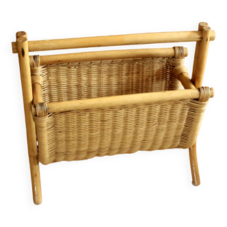 Magazine rack made of bamboo, rattan and wood, vintage from the 70s