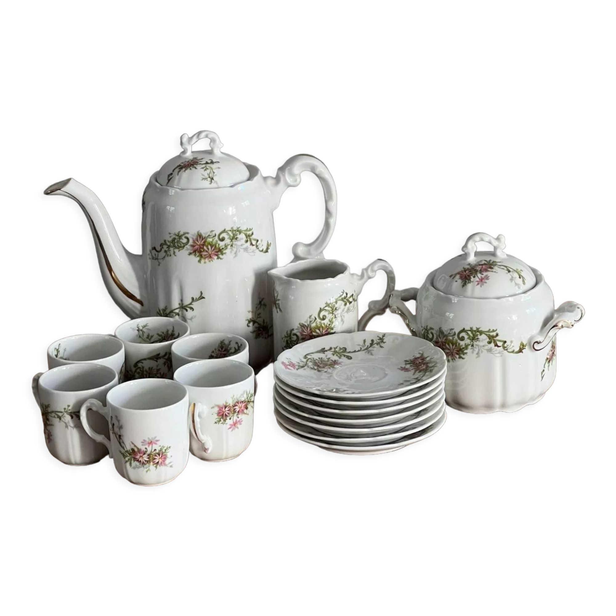 Service à Pâtisserie En Porcelaine De Limoges - Ancien Modèle Français Avec Décor Doré - Occasion
