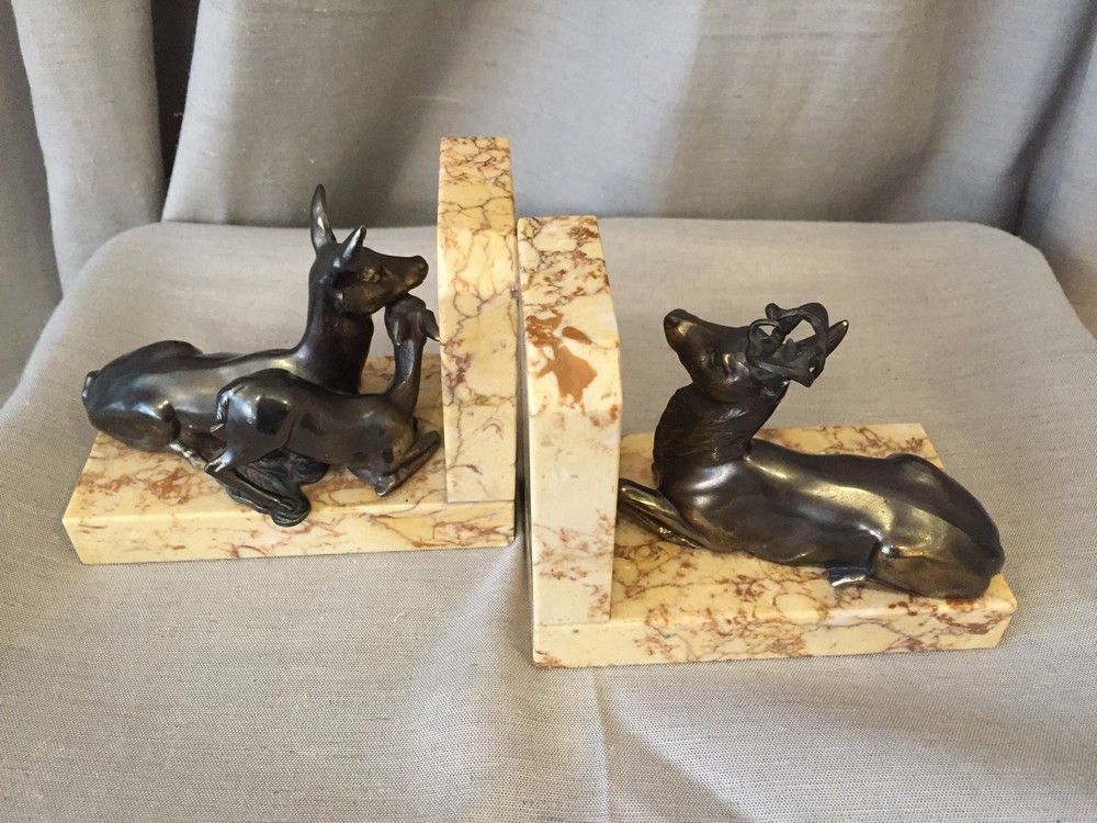 Pair of marble bookends and ruler representing a deer with his mother and a deer