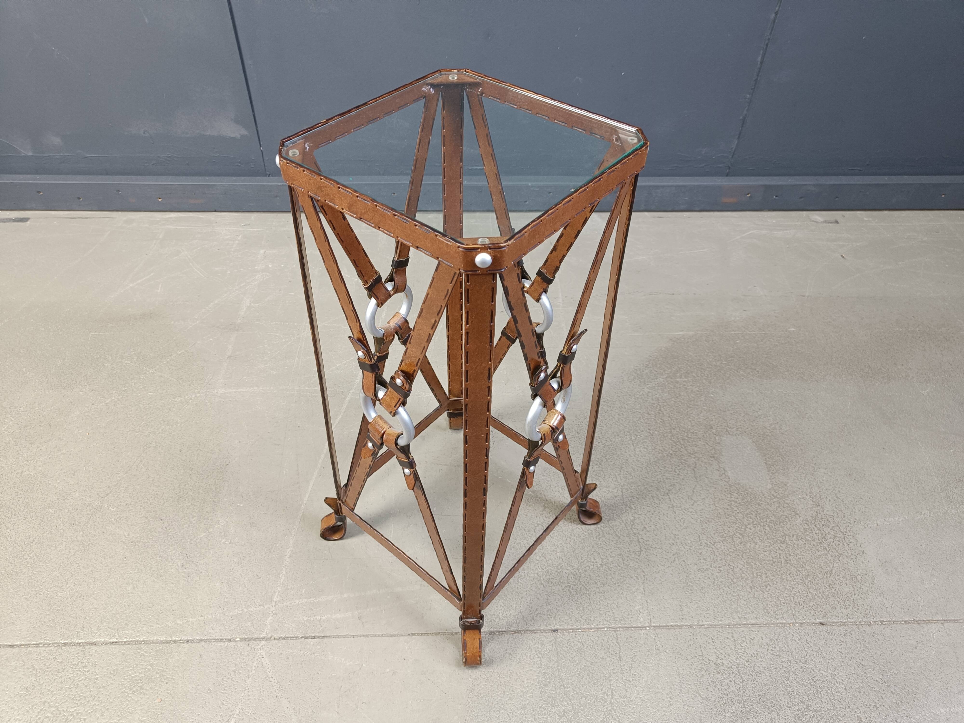 Iron Faux Leather Side Table in the style of Jacques Adnet