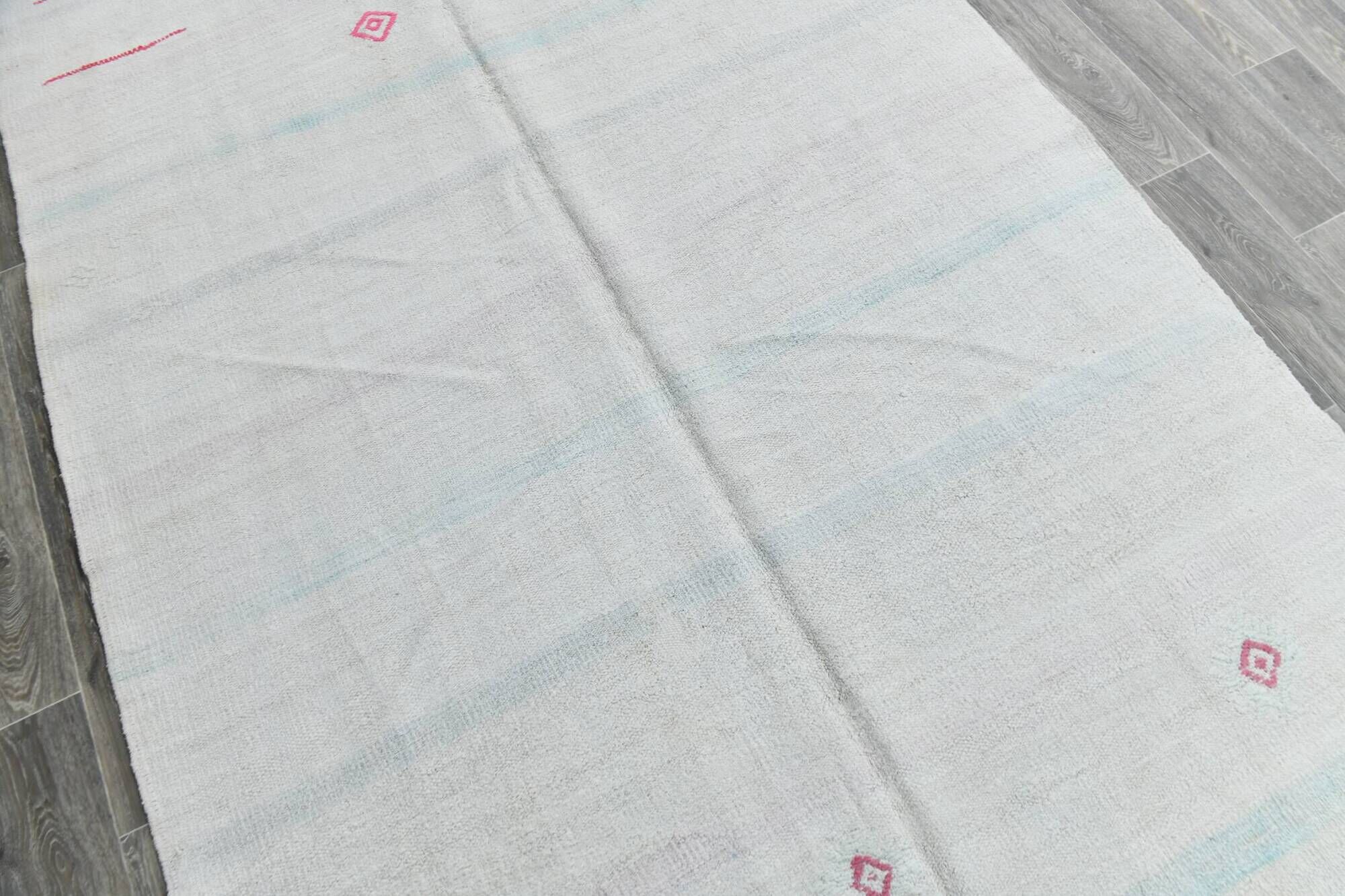 6x12 Off-White Long Wide Hand Woven Turkish Minimal Vintage Rug, 176x358 Cm