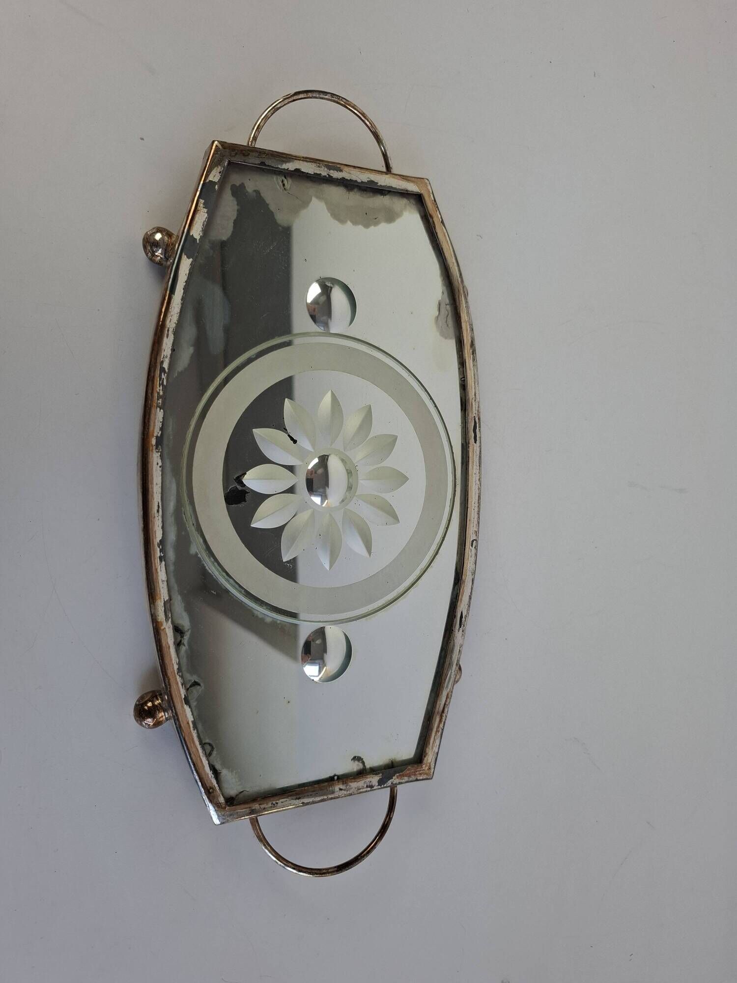Vintage Art Deco Mirrored Glass Serving Tray with Floral Motif