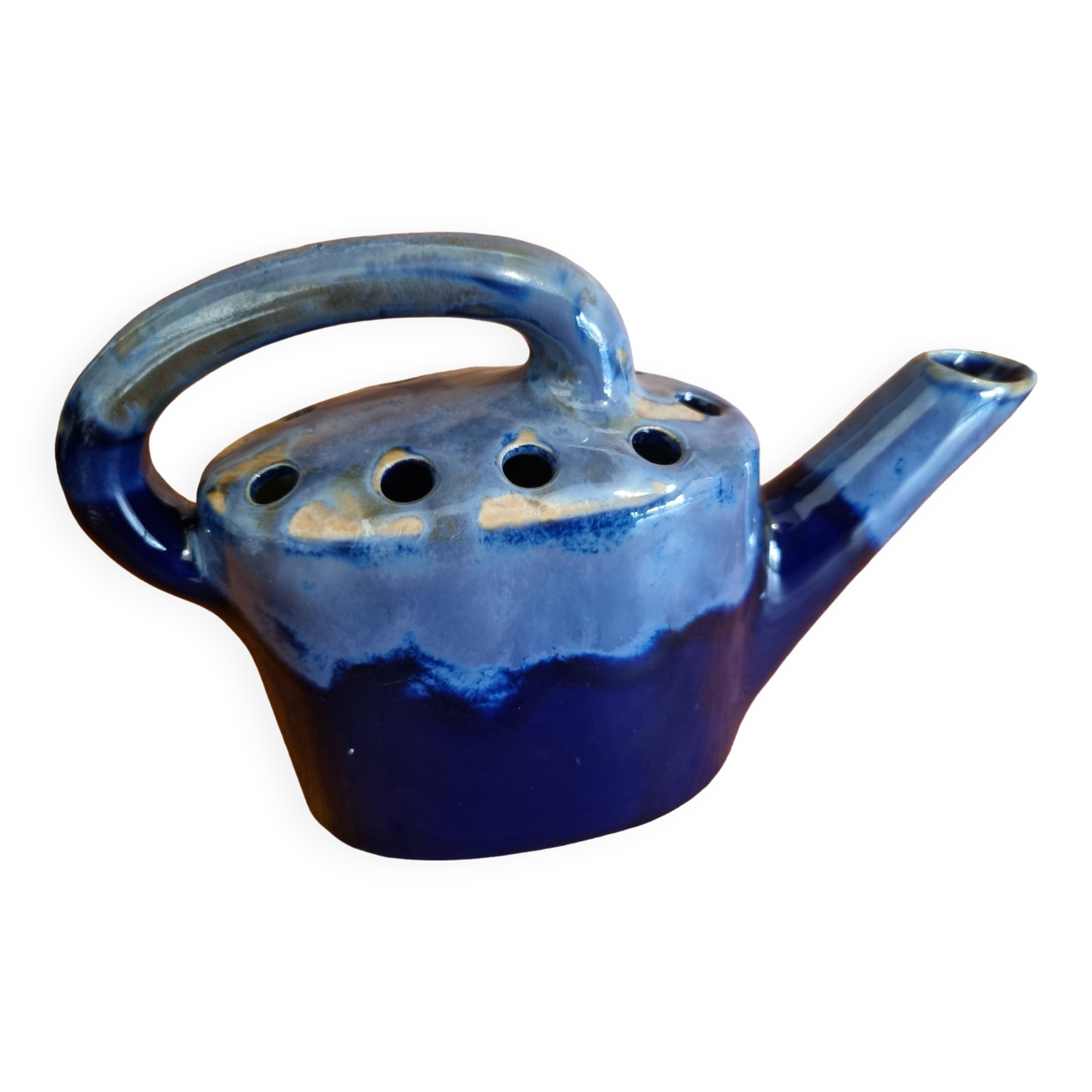 Blue flamed stoneware watering can flower stand