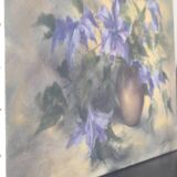Ancien tableau ancienne huile sur toile nature morte vase de fleurs clématites signée P. Sorel