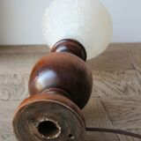 Wooden table lamp, patterned glass lampshade