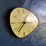 Vintage formica clock asymmetrical silent wall clock "Japy electric yellow"