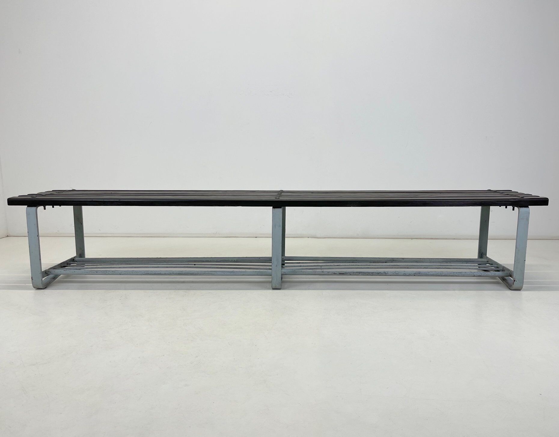 Vintage industrial metal & wood slatted bench, 1950's