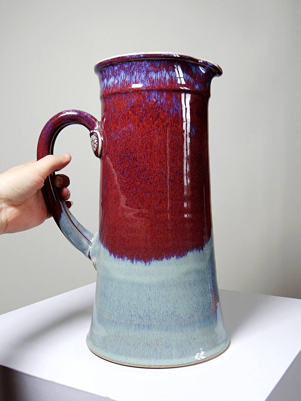 Large stoneware art jug by Lévéjac, Michel Goldstyn, flamed oxblood glaze