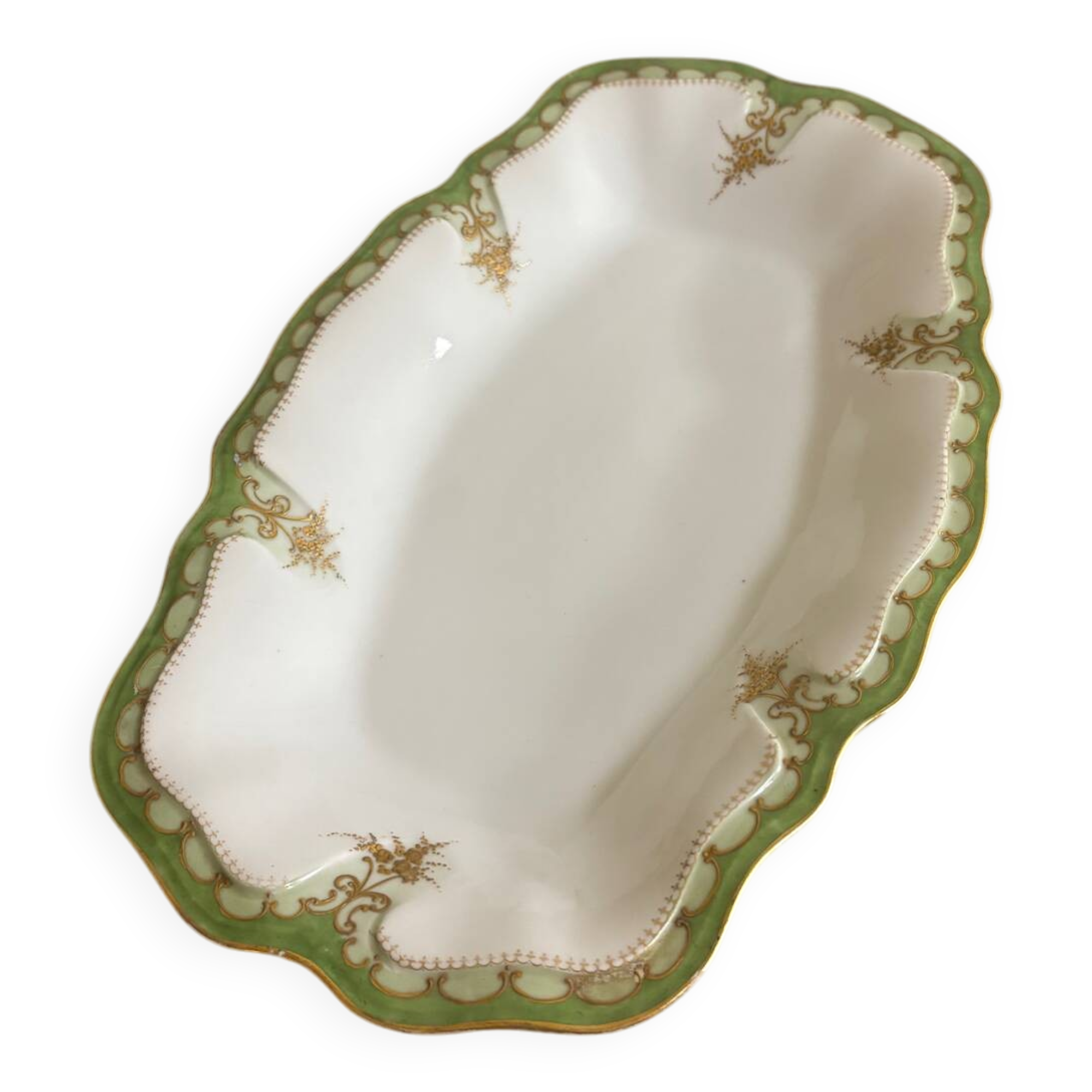 Vintage large rectangular green serving platter with Limoges gilt trim