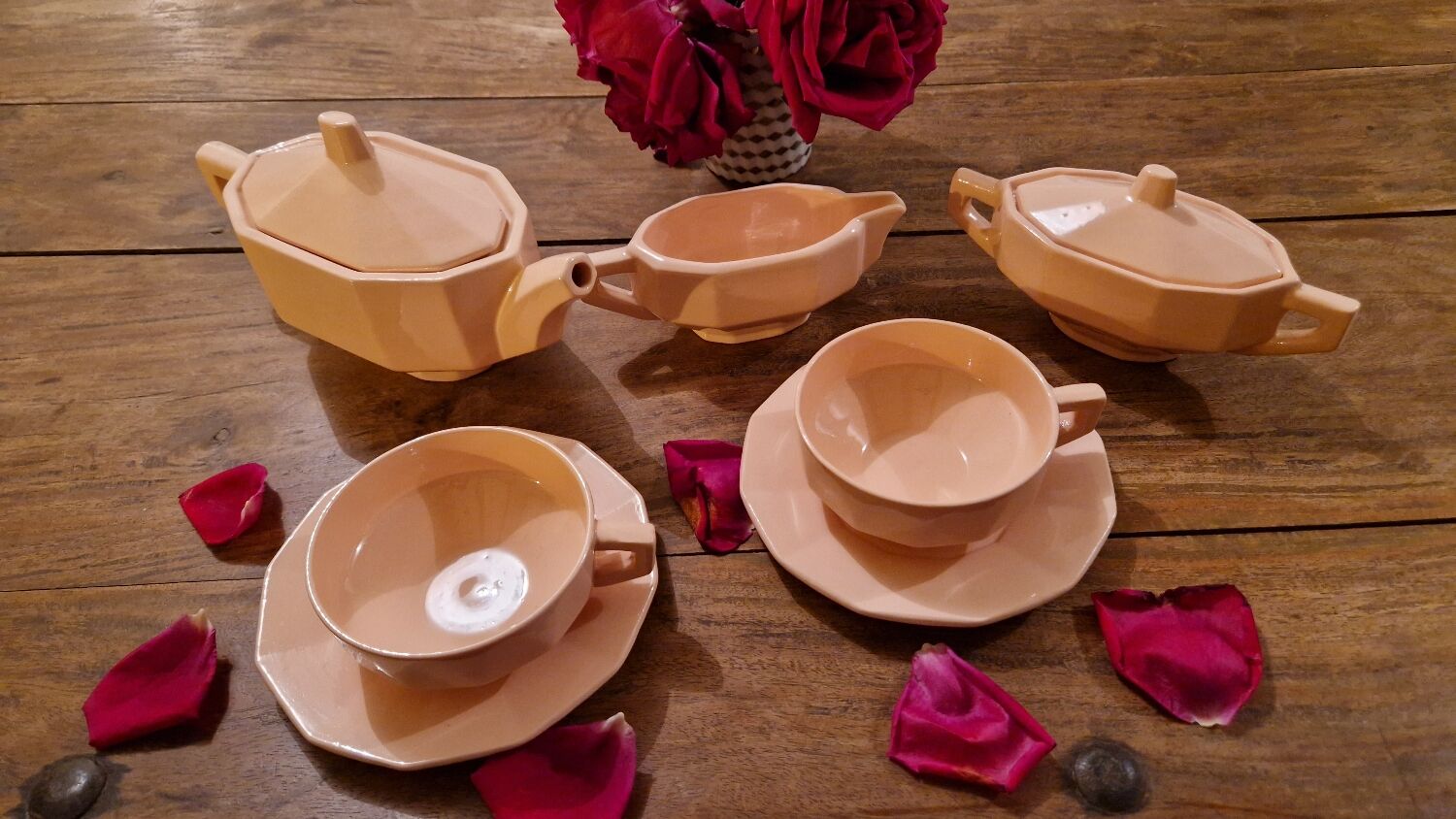 Longwy ceramic pink coffee tea set