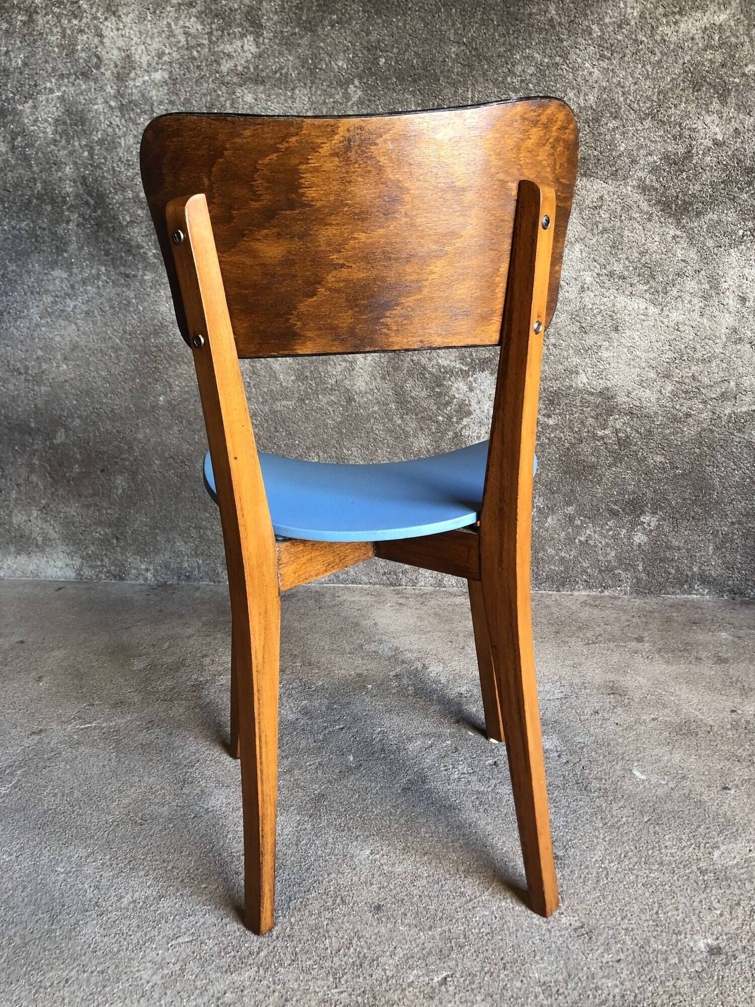 Pair of vintage bistro chairs in wood and light blue vinyl