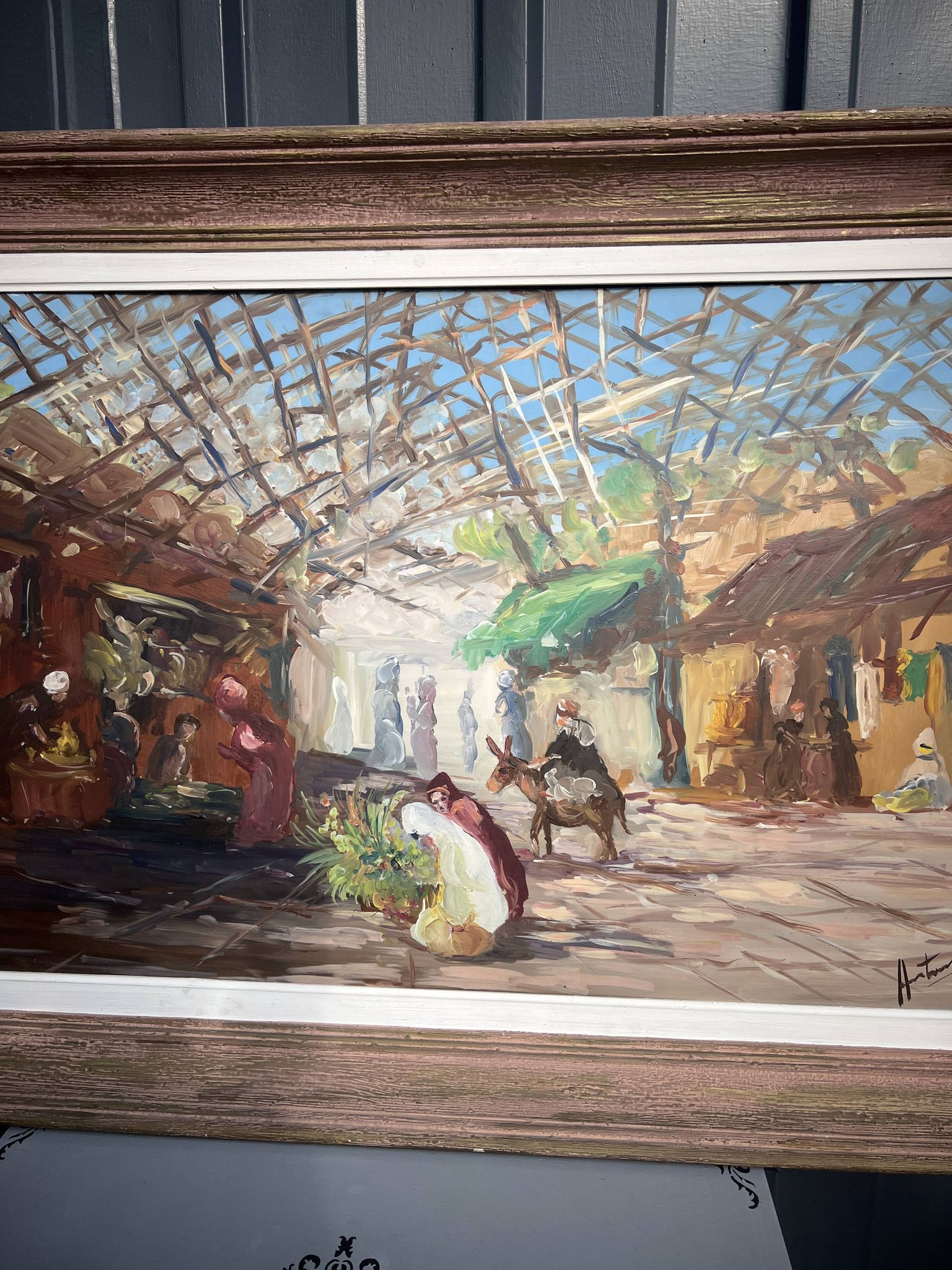 Tableau Huile-sur-Panneau , Le Marché oriental ou Souk signé Antoniazzi