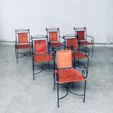 Wrought Iron and Leather Swirl Dining Chairs, Spain, 1960s, Set of 6