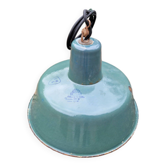 Industrial pendant light in turquoise enamelled sheet metal, Poland, 1950s-60s
