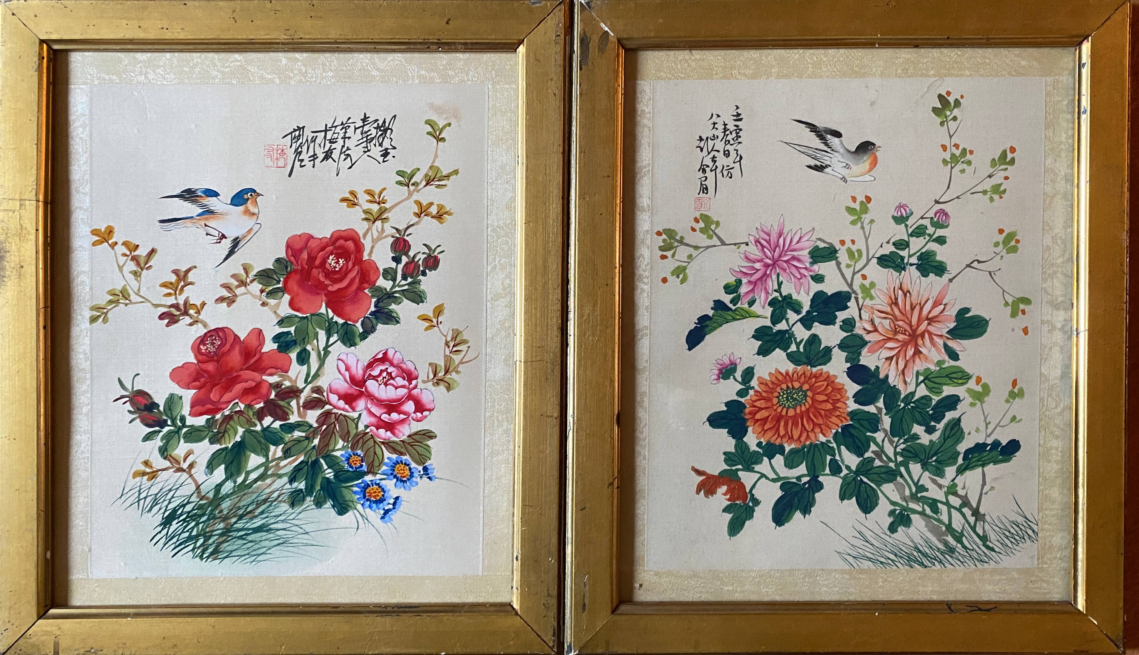 Paintings two watercolors on fabrics China flowers and birds frames XIX°