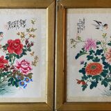 Tableau deux aquarelles sur tissus Chine fleurs et oiseaux cadres XIX°