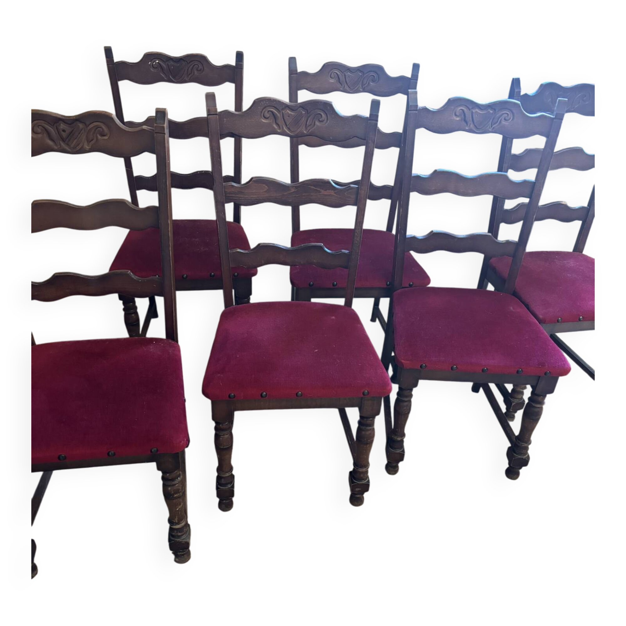 6 antique wooden and fabric chairs