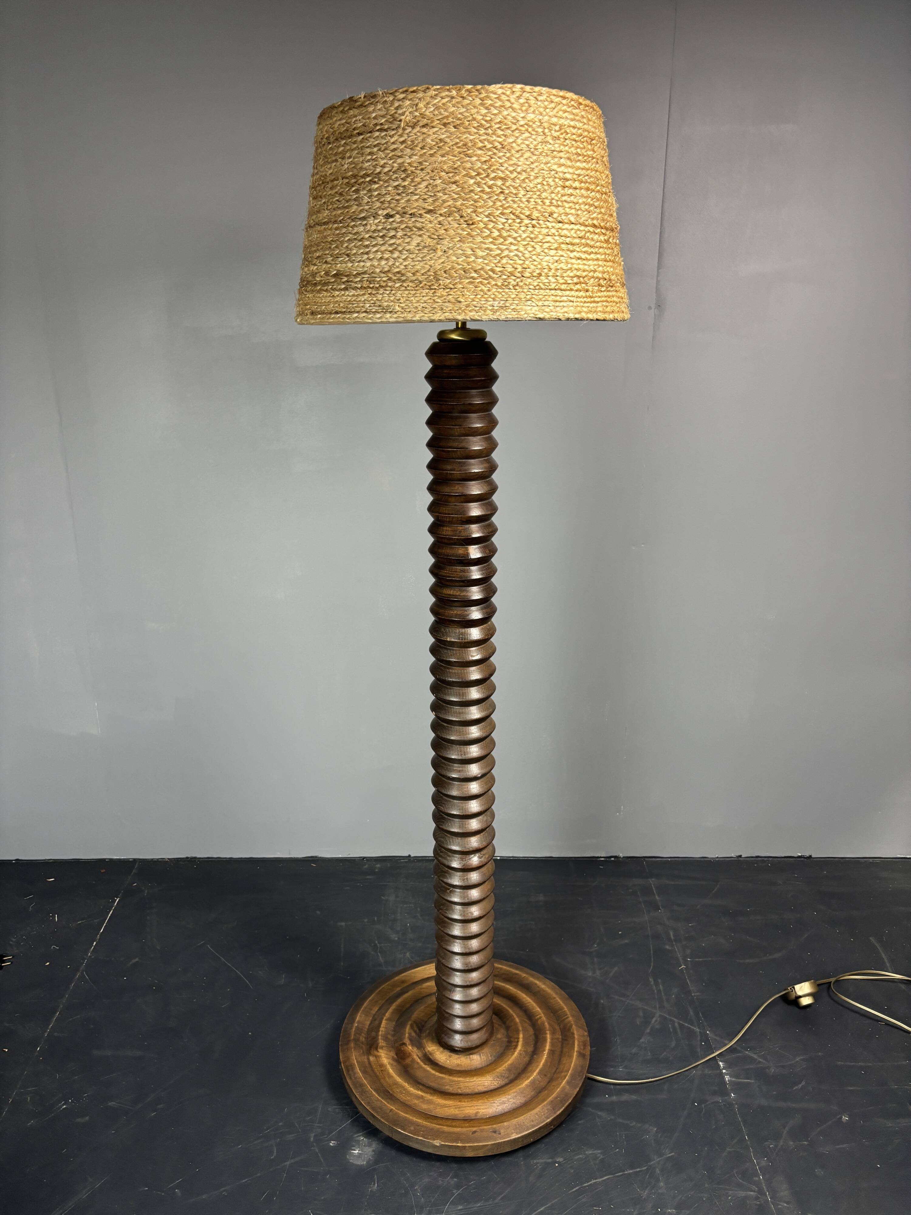 Midcentury brutalist chunky wood turned floor lamp, Charles Dudouyt style.