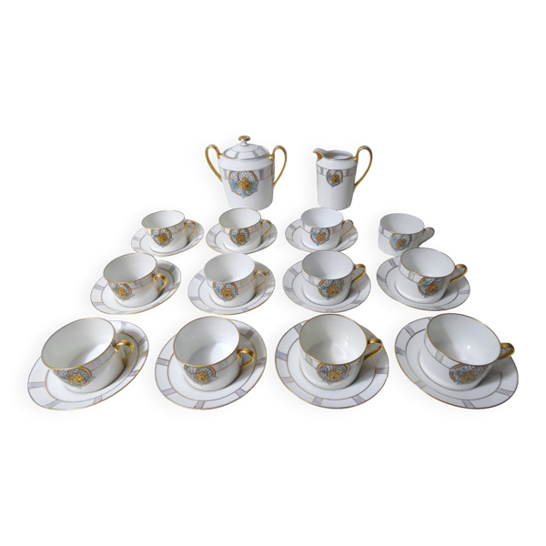 Service café thé Limoges Ribes porcelaine or argent nacre irisé Art Déco