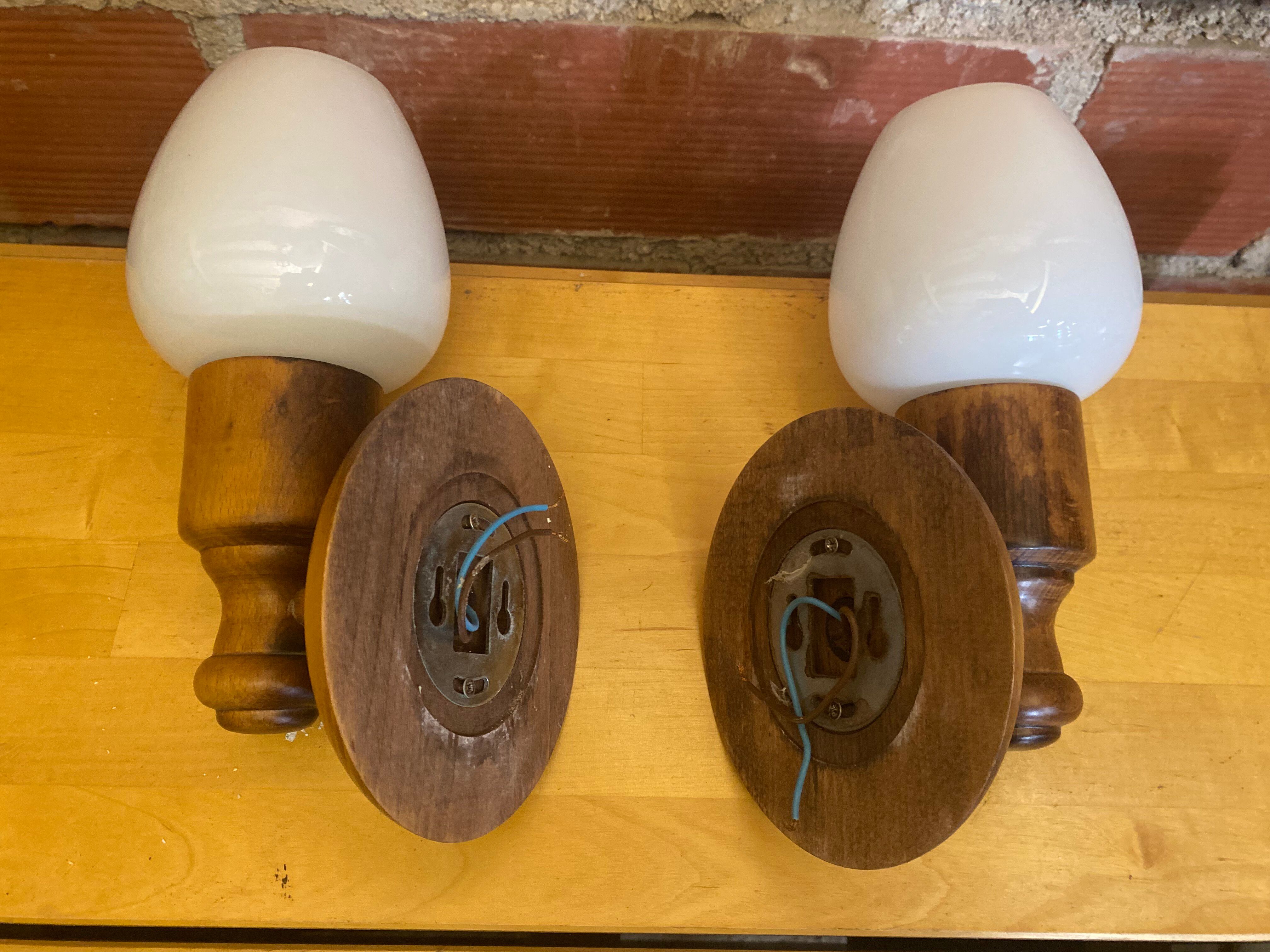 Vintage 1970s Pair of Wall Lights Beech + White Opaline Glass