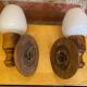 Vintage 1970s Pair of Wall Lights Beech + White Opaline Glass