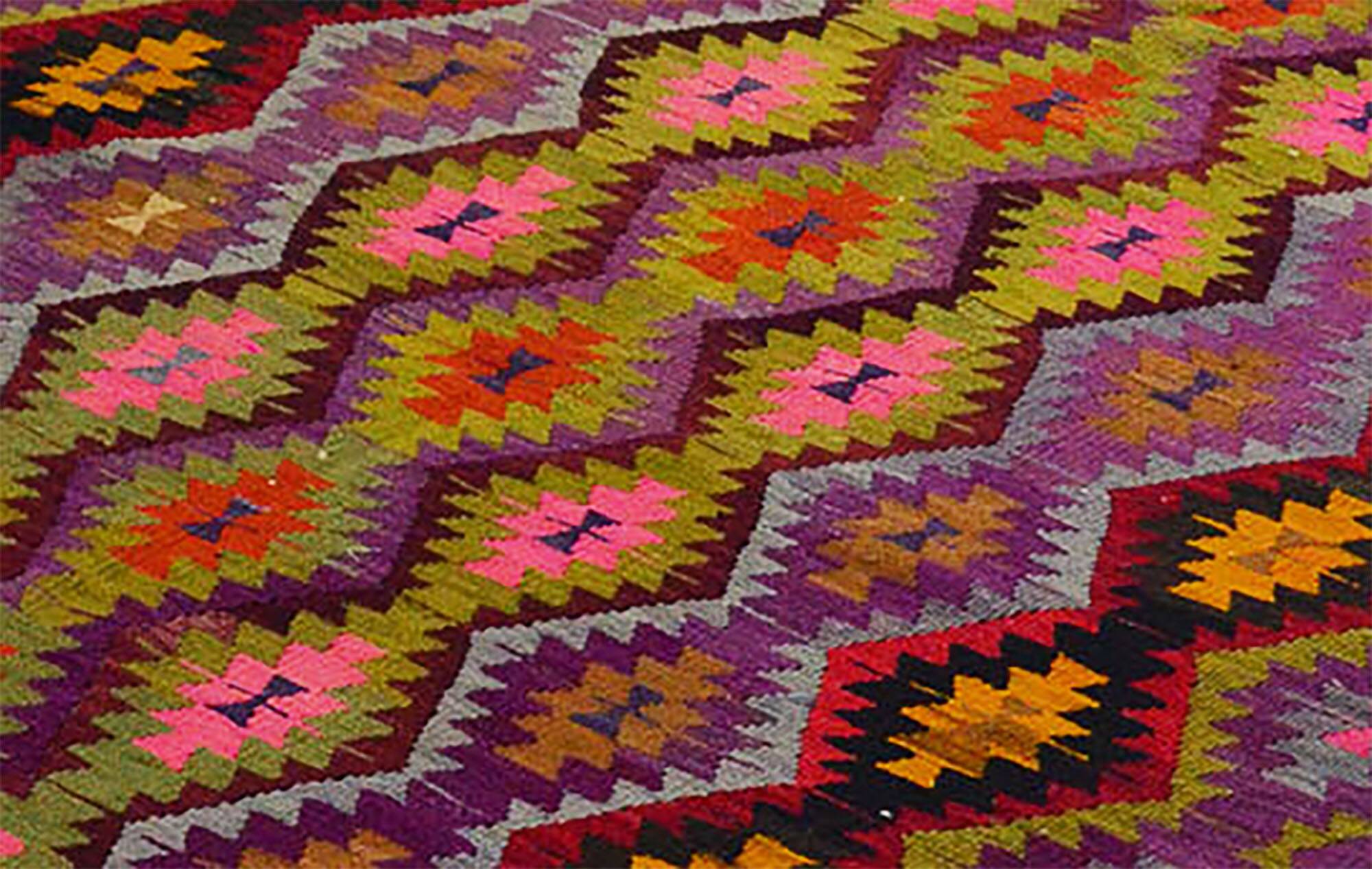 Turkish Kilim Yuruk Vintage 165x275 cm Geometric Pink Green Yellow