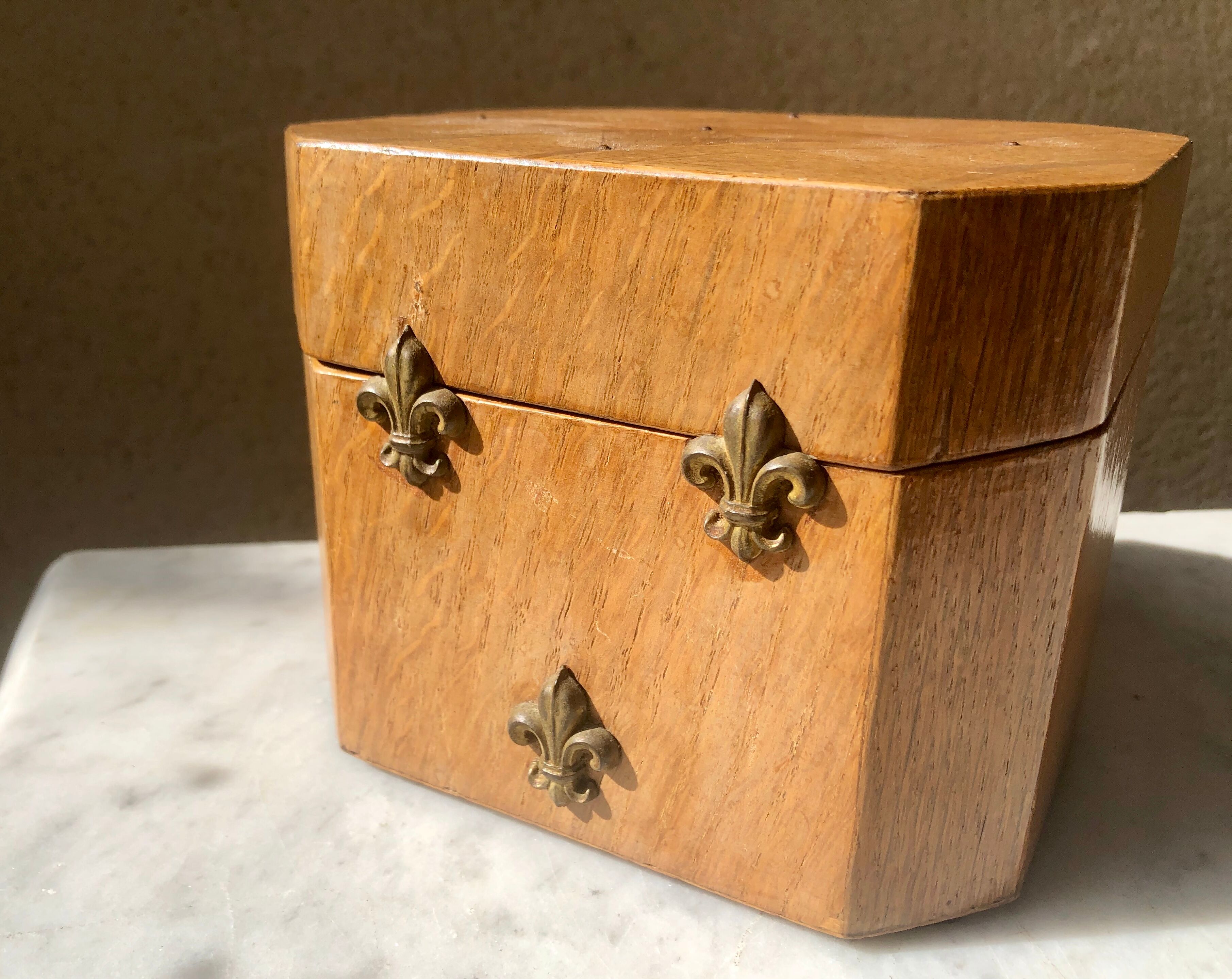 Jewelry box french craft work vintage 60 oak blond lily flower