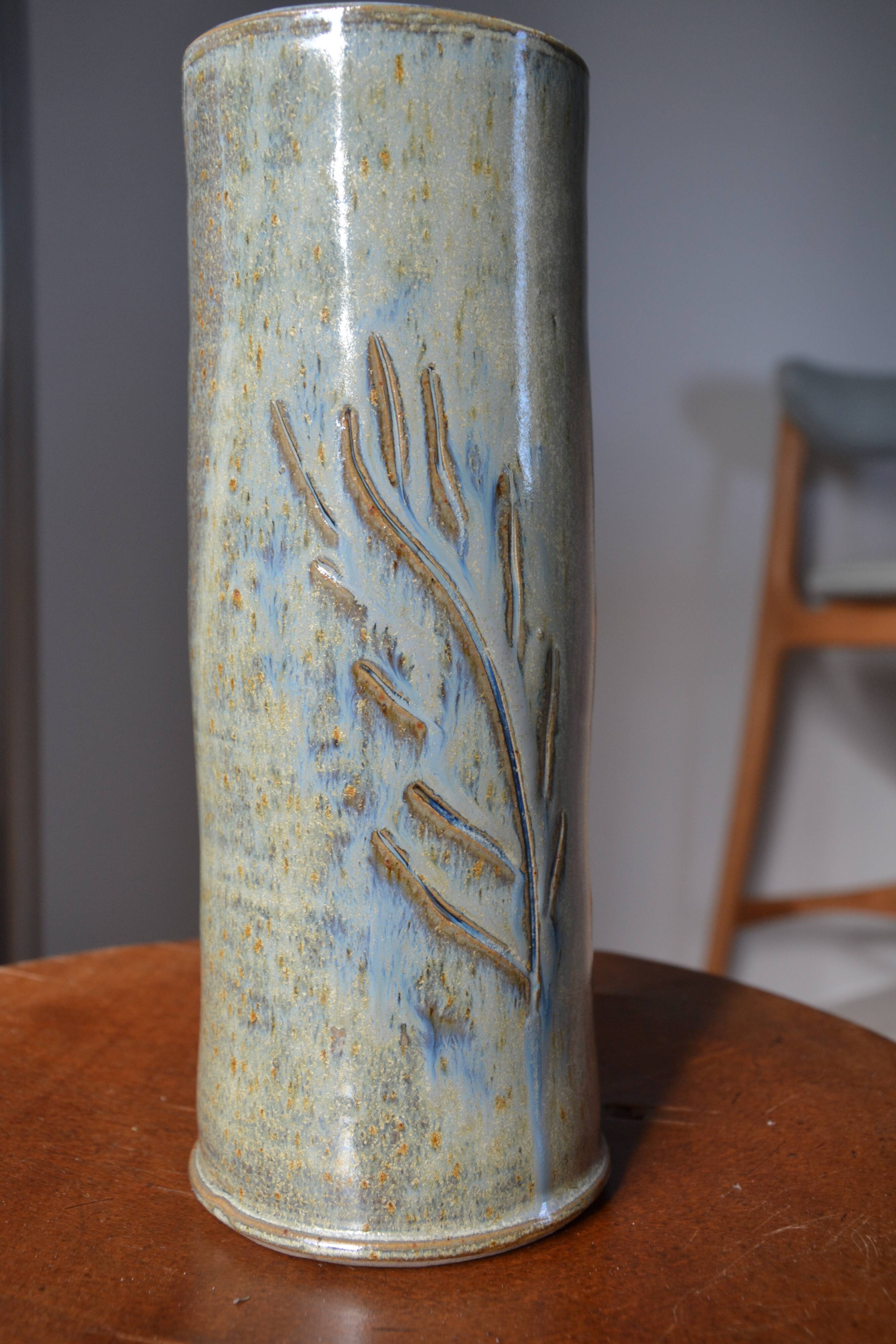 Signed chiseled and glazed stoneware roller/tube vase