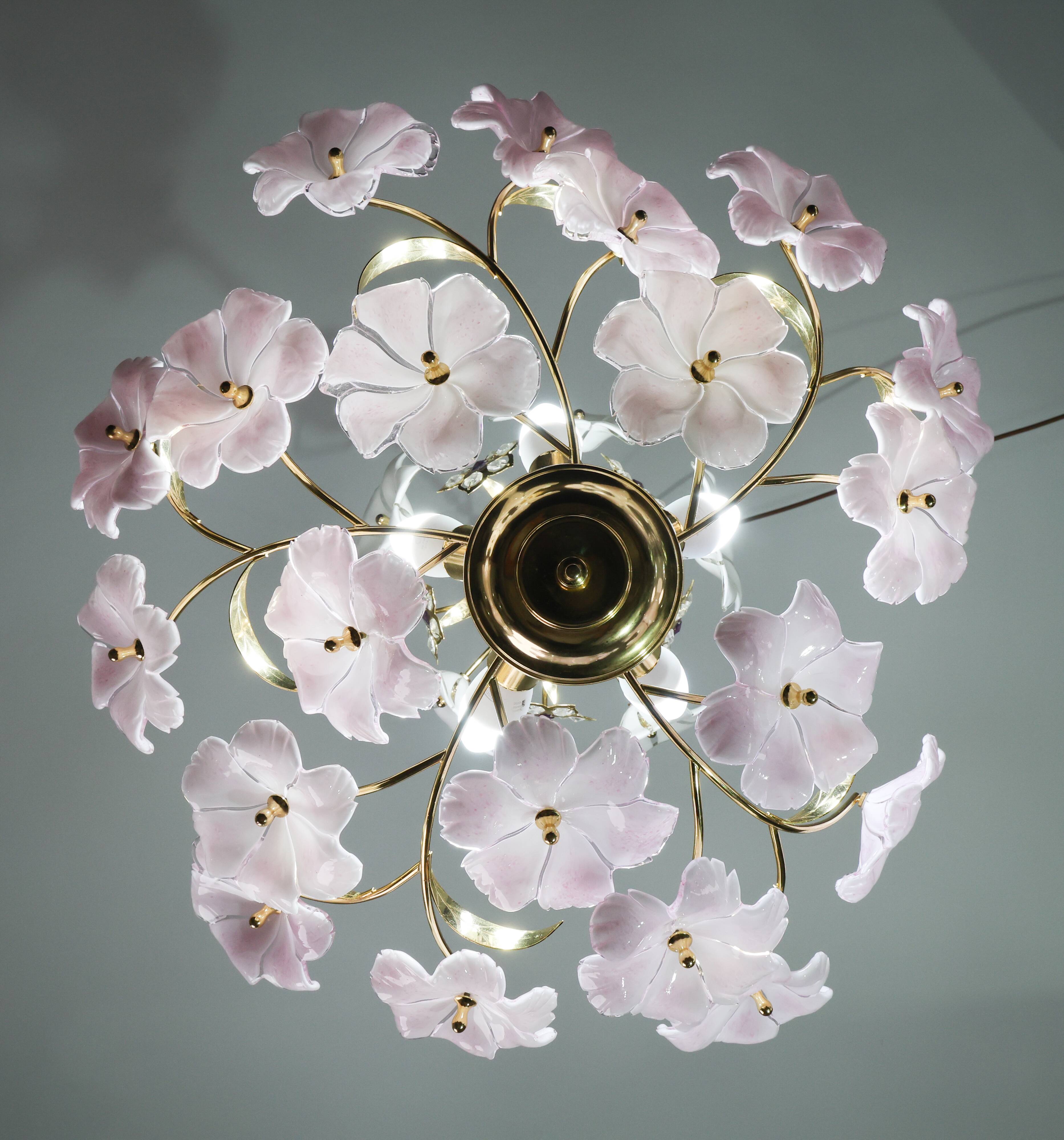 Charming Murano Vintage Chandelier White and Pink Flowers