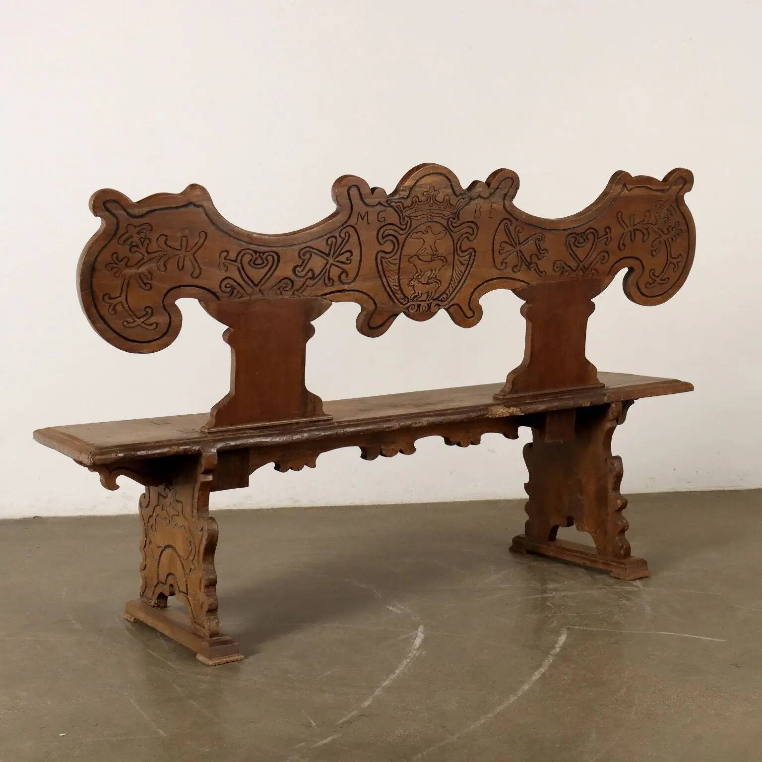 Ancient baroque walnut bench, Italy, 18th century