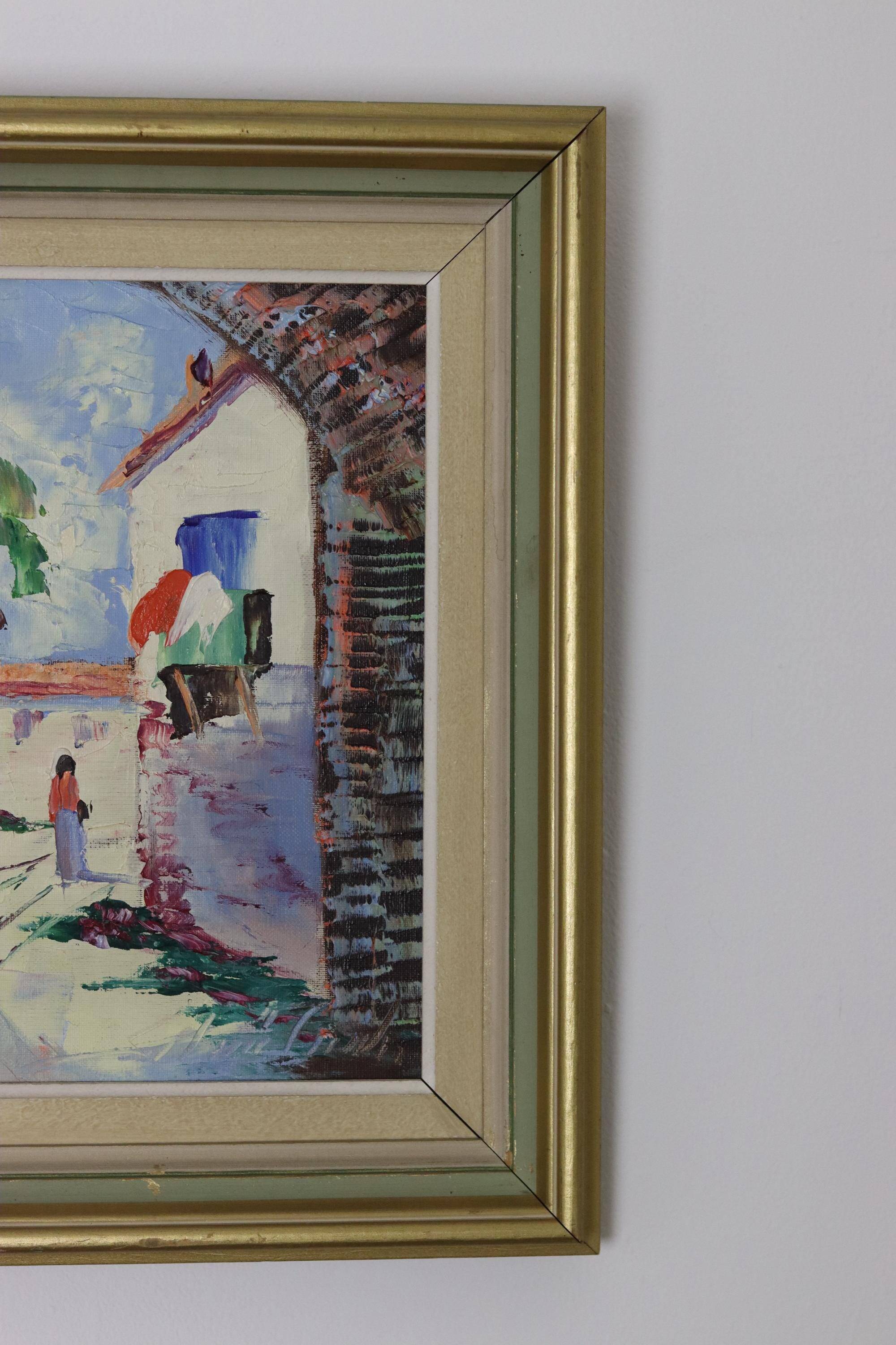 Original 1950s Swedish modernist oil painting on canvas "Street View" by CHARLES SCHÖLANDER.