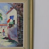 1950's Original Swedish Modernist Oil on Canvas Painting "Street View " by CHARLES SCHÖLANDER