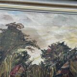Painting, oil on canvas signed, forest landscape with horsemen