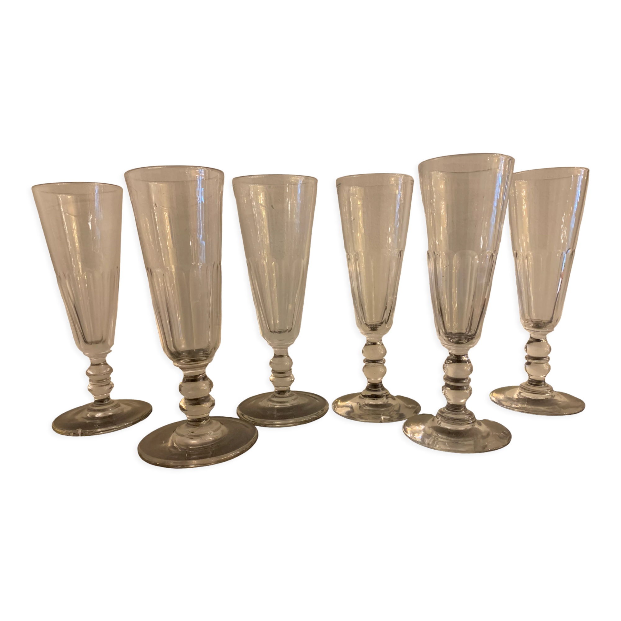 6 antique champagne flutes with cut sides