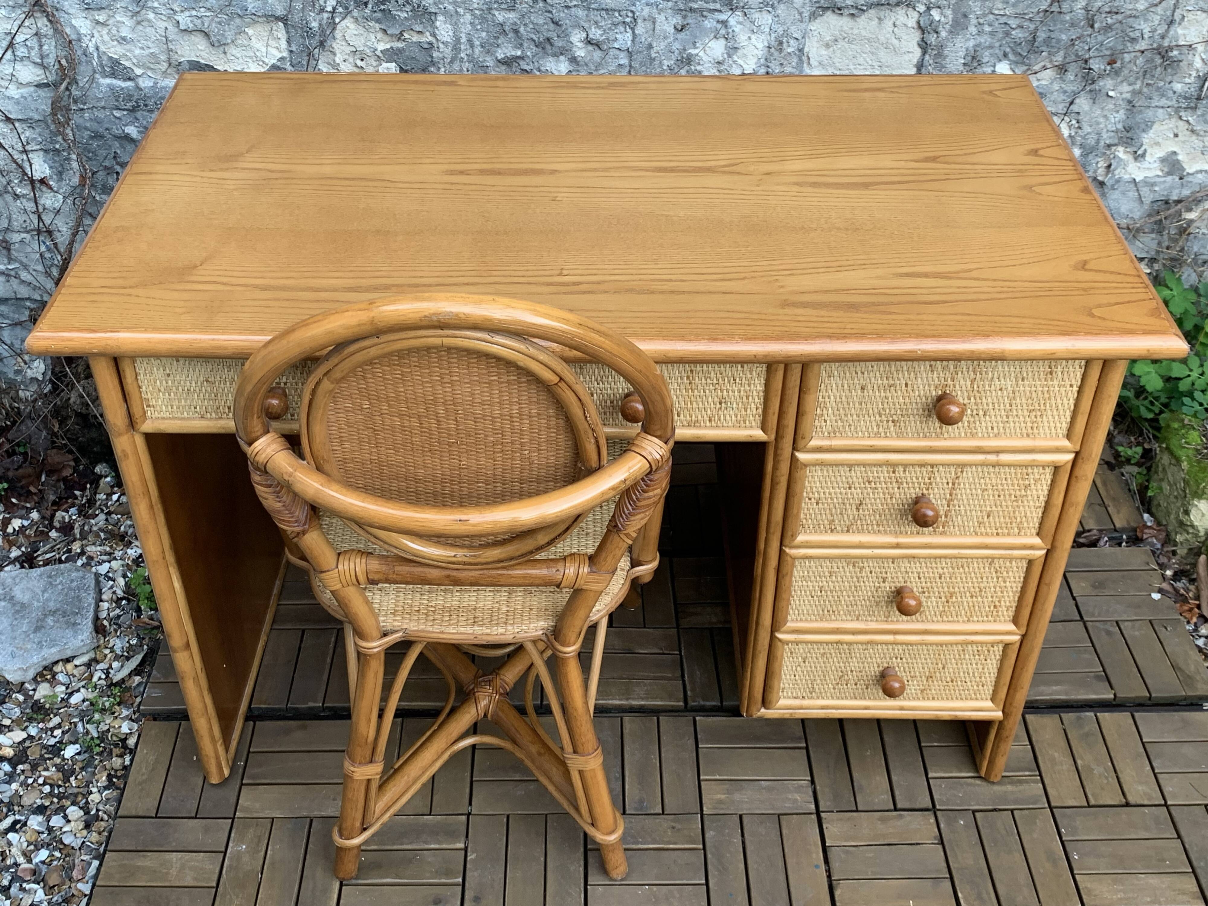 Vintage rattan and woven wicker desk 1970
