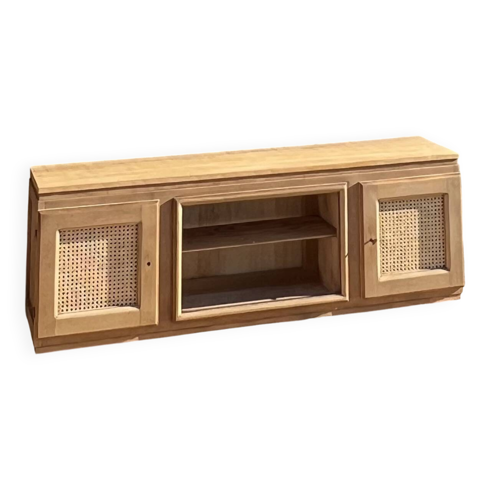 Meuble télé tv ancien en bois brut et cannage