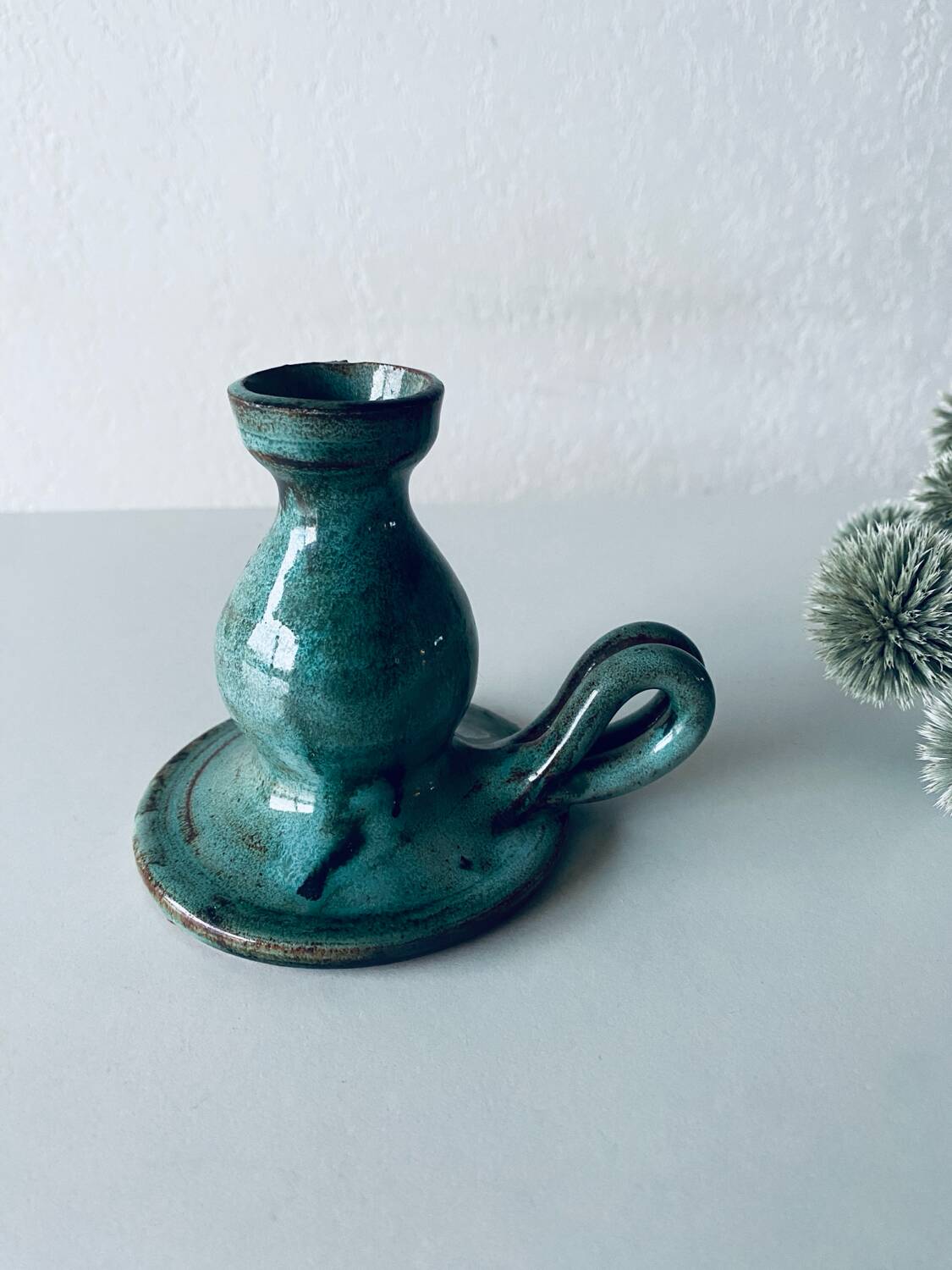 Candle holder in enamelled and signed stoneware