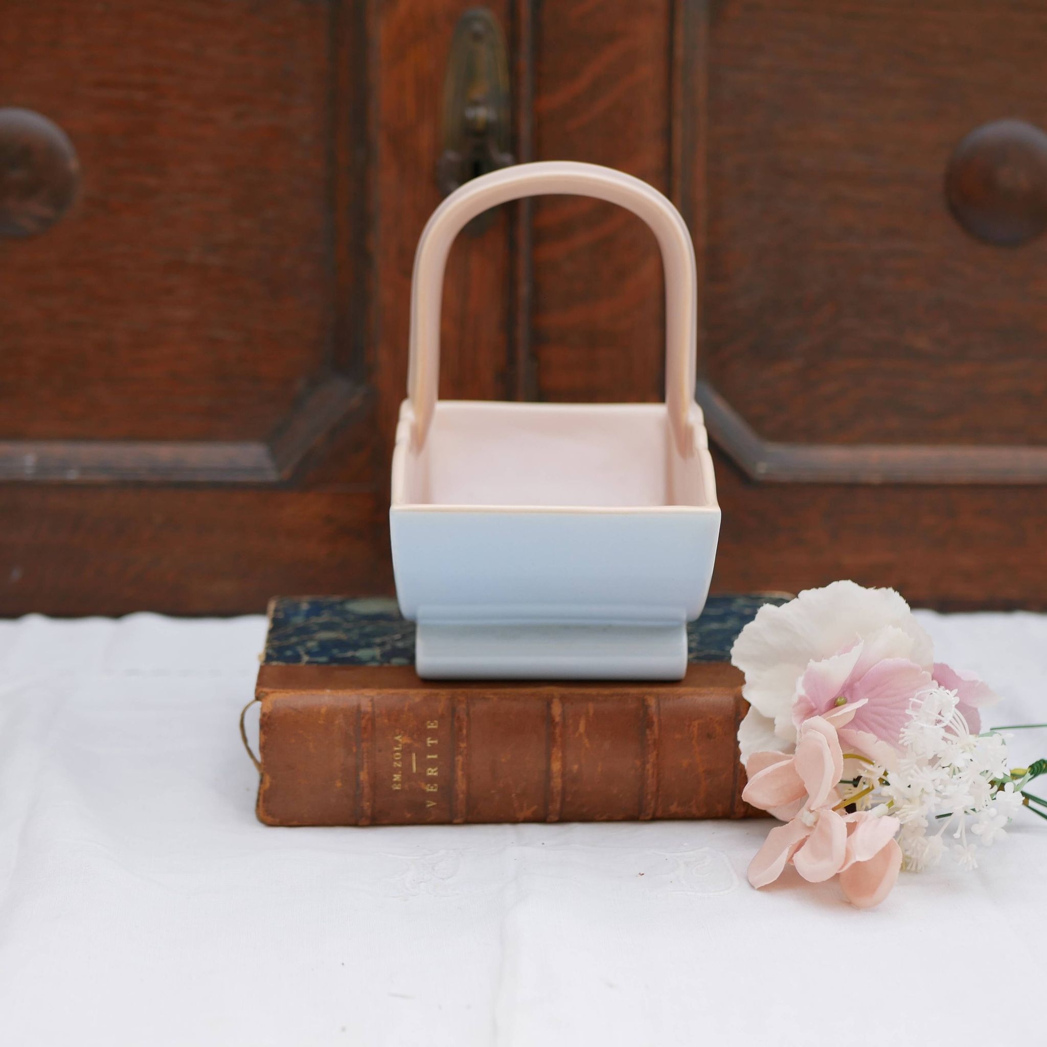 Vintage pink and blue ceramic basket vase