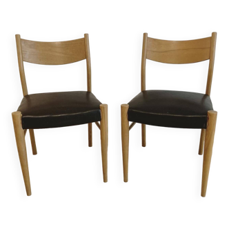 Chaises vintage scandinaves en bois et skaï noir