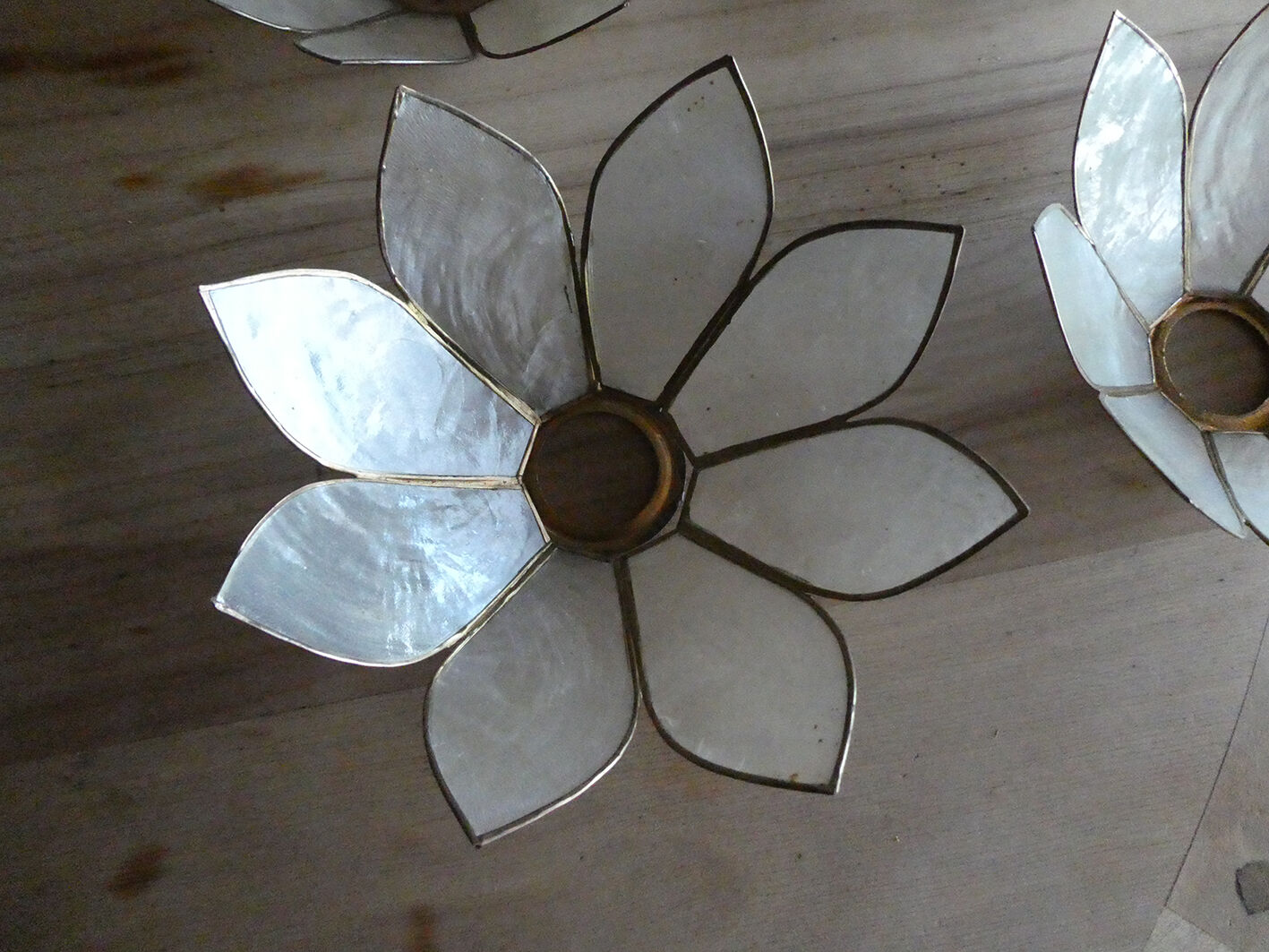 Brass chandelier and flowers in mother-of-pearl petals