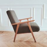Renovated armchair, Scandinavian style in wood and green fabric.