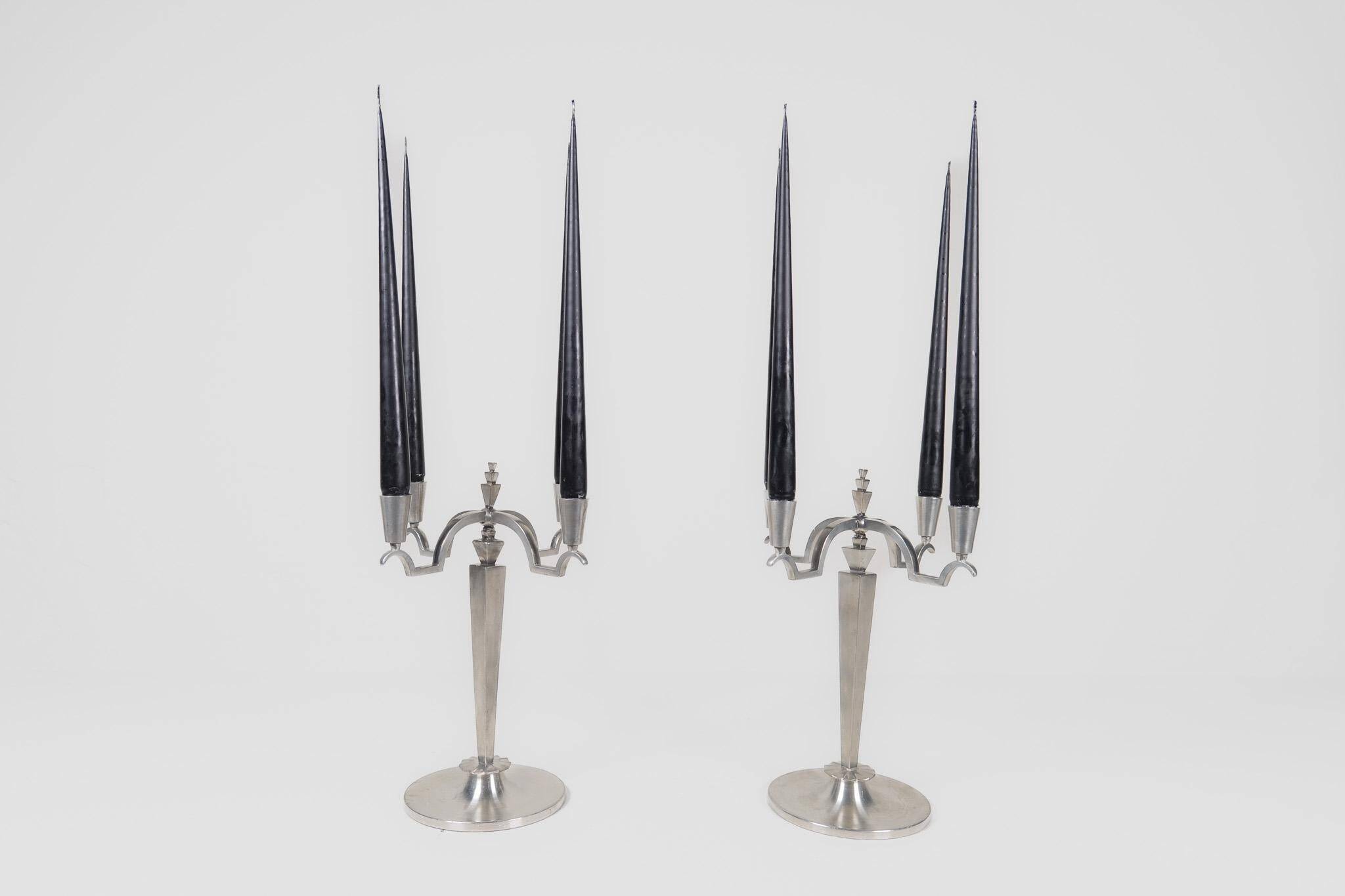 Sculptural Art Deco set of chandeliers in tin, Sweden, 1940s.