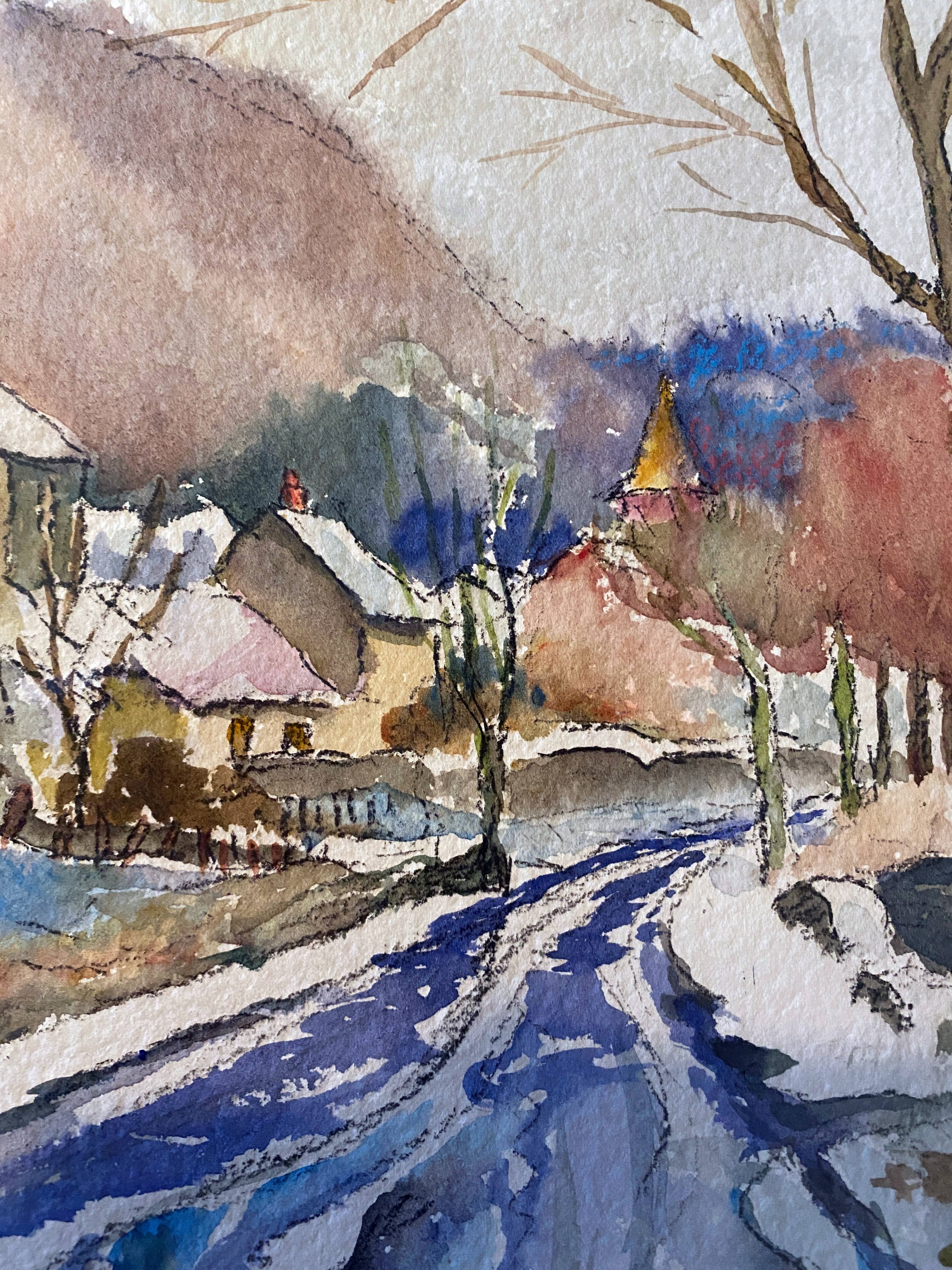 Watercolour painting "Snow in Val Suzon" (21) signed L. Grundler 1959