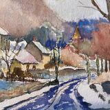 Watercolour painting "Snow in Val Suzon" (21) signed L. Grundler 1959